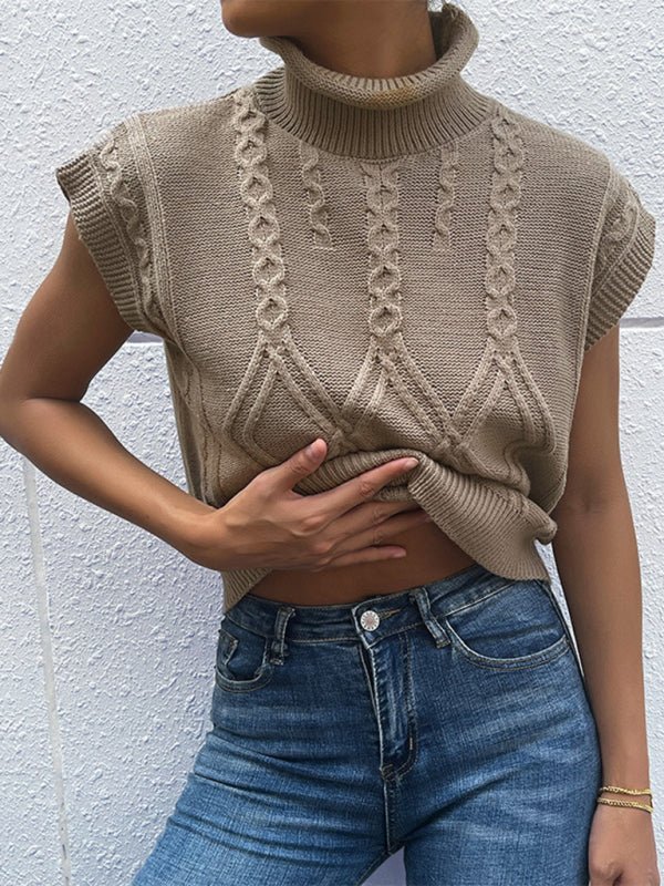 New women's solid color short sleeve turtleneck sweater - Outerwear