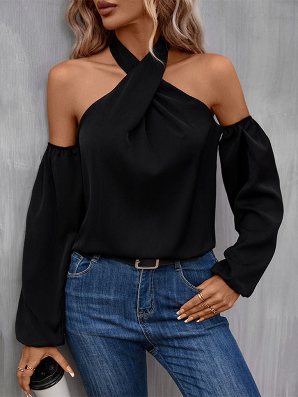 New women's solid color strapless long - sleeved shirt - Top