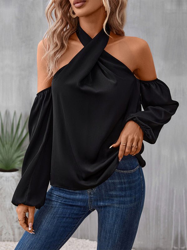 New women's solid color strapless long - sleeved shirt - Top