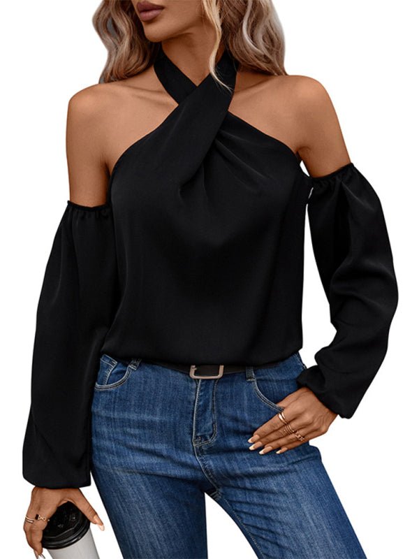 New women's solid color strapless long - sleeved shirt - Top