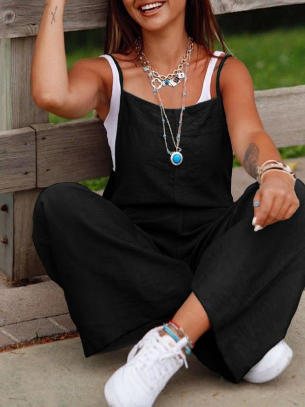 New women's solid color suspender jumpsuit wide leg pants - Jumpsuit