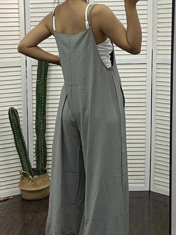 New women's solid color suspender jumpsuit wide leg pants - Jumpsuit