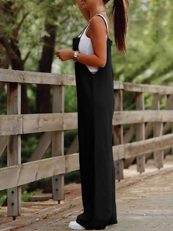 New women's solid color suspender jumpsuit wide leg pants - Jumpsuit