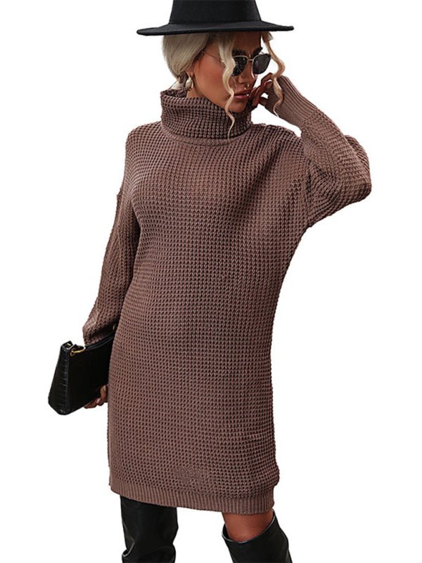New women's solid color turtleneck sweater dress - Sweater Dress