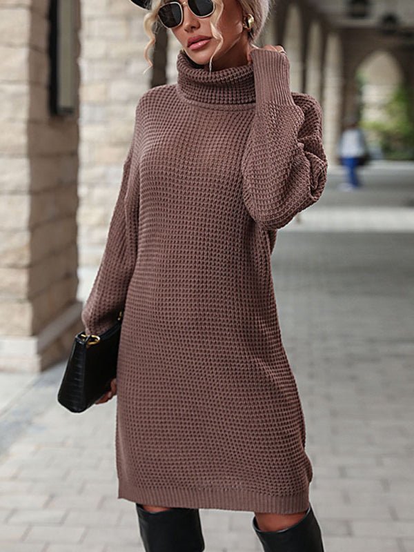 New women's solid color turtleneck sweater dress - Sweater Dress