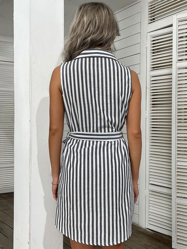 Nipped Waist Shirt Dress Lapel Grey Beach Stripe Dress - Day Dress