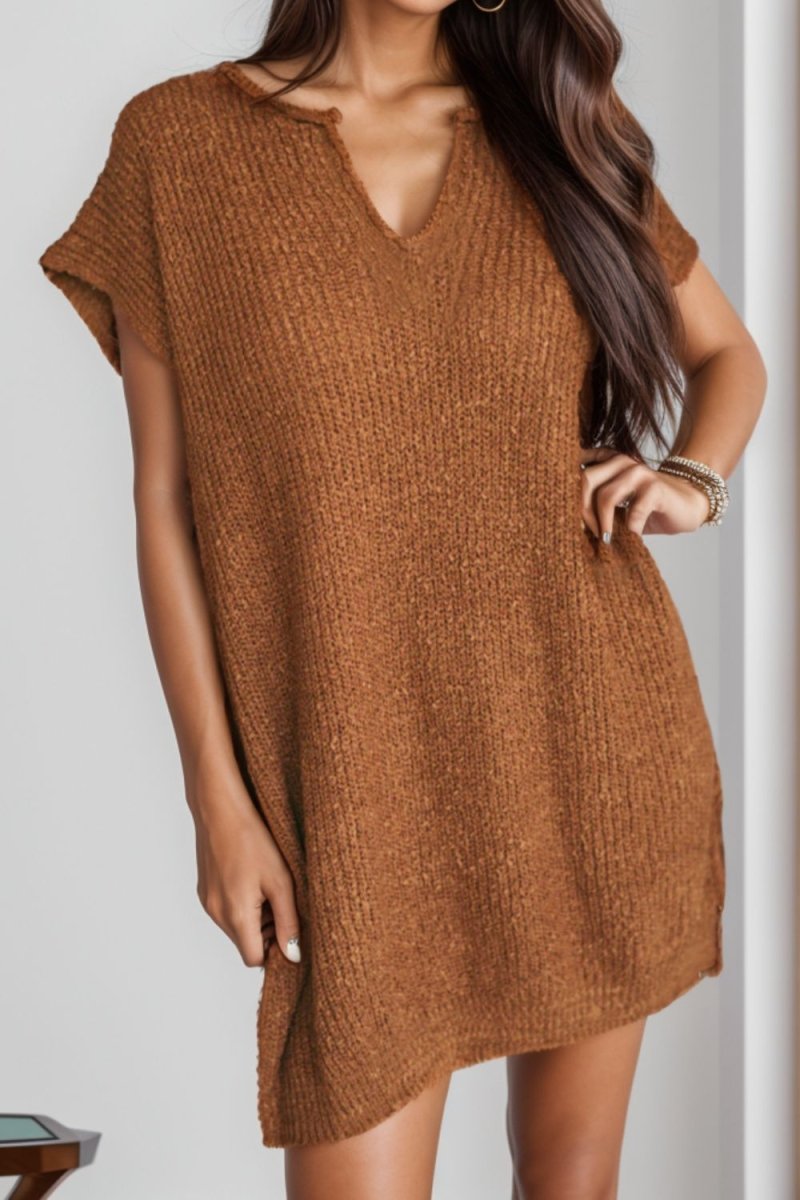 Notched Cap Sleeve Mini Sweater Dress - Sweater Dress