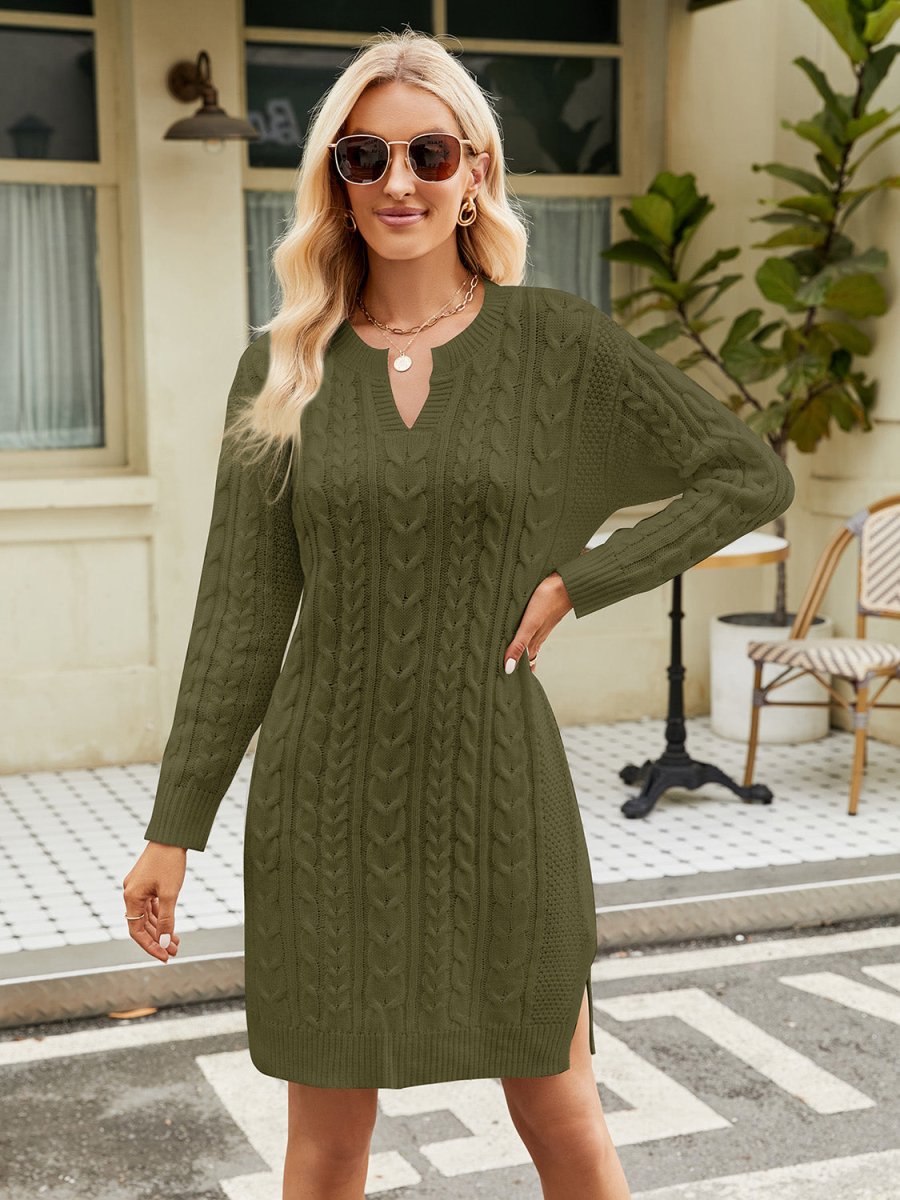 Notched Neck Cable - Knit Slit Sweater Dress - Sweater Dress