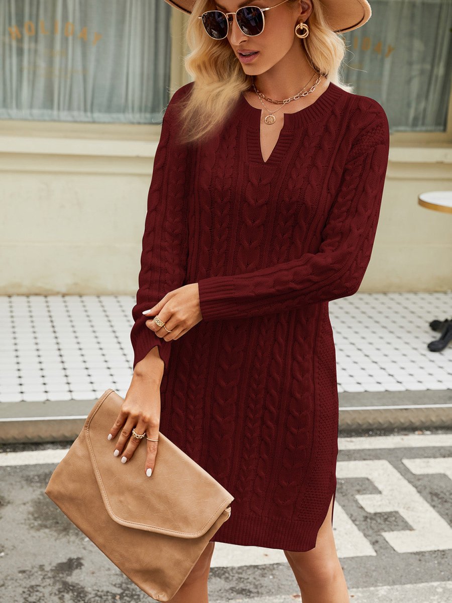 Notched Neck Cable - Knit Slit Sweater Dress - Sweater Dress