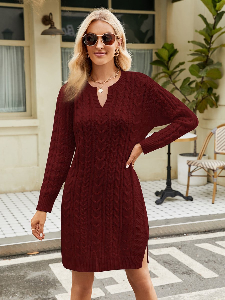 Notched Neck Cable - Knit Slit Sweater Dress - Sweater Dress