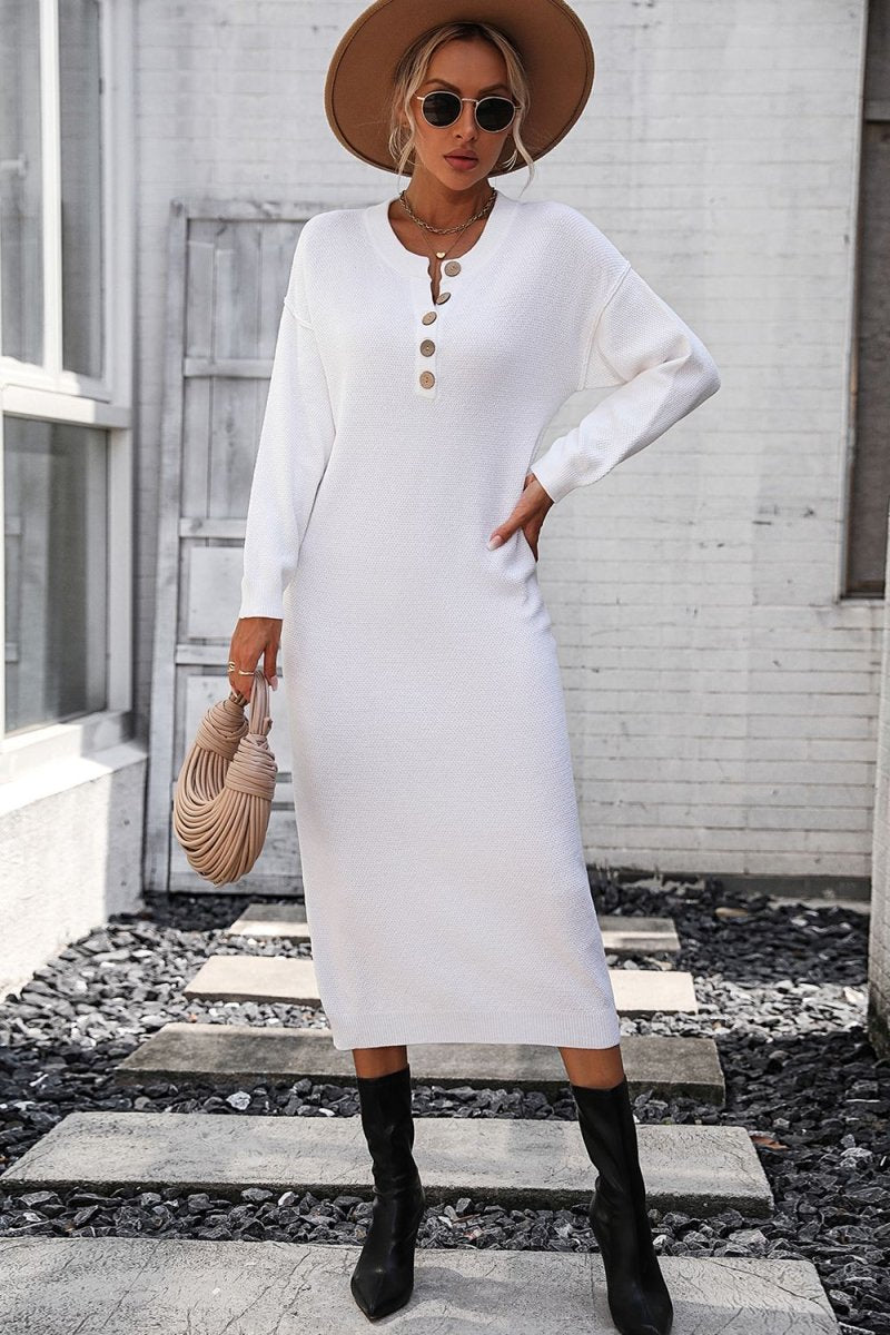 Notched Neck Dropped Shoulder Button - Down Midi Dress - Sweater Dress