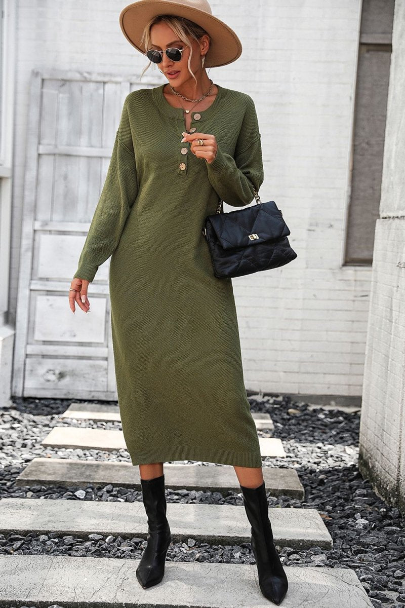 Notched Neck Dropped Shoulder Button - Down Midi Dress - Sweater Dress