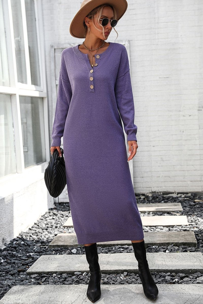 Notched Neck Dropped Shoulder Button - Down Midi Dress - Sweater Dress