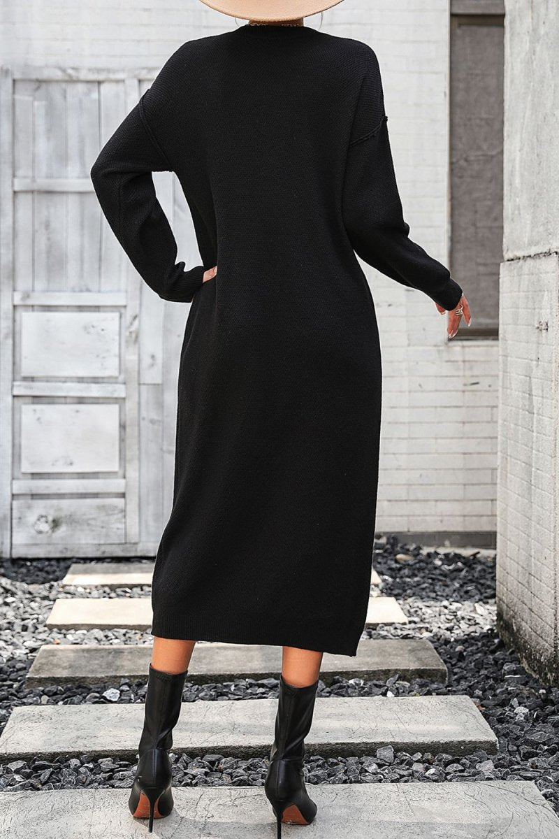Notched Neck Dropped Shoulder Button - Down Midi Dress - Sweater Dress