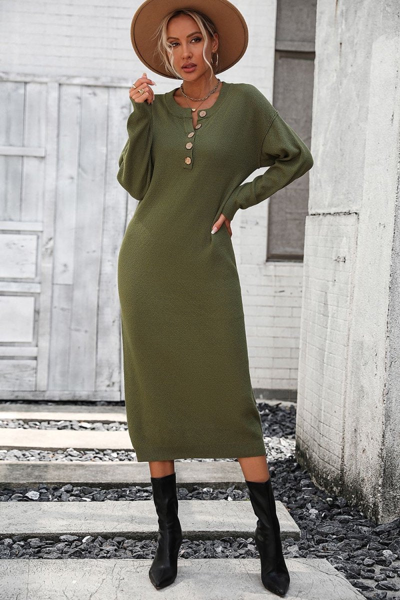 Notched Neck Dropped Shoulder Button - Down Midi Dress - Sweater Dress