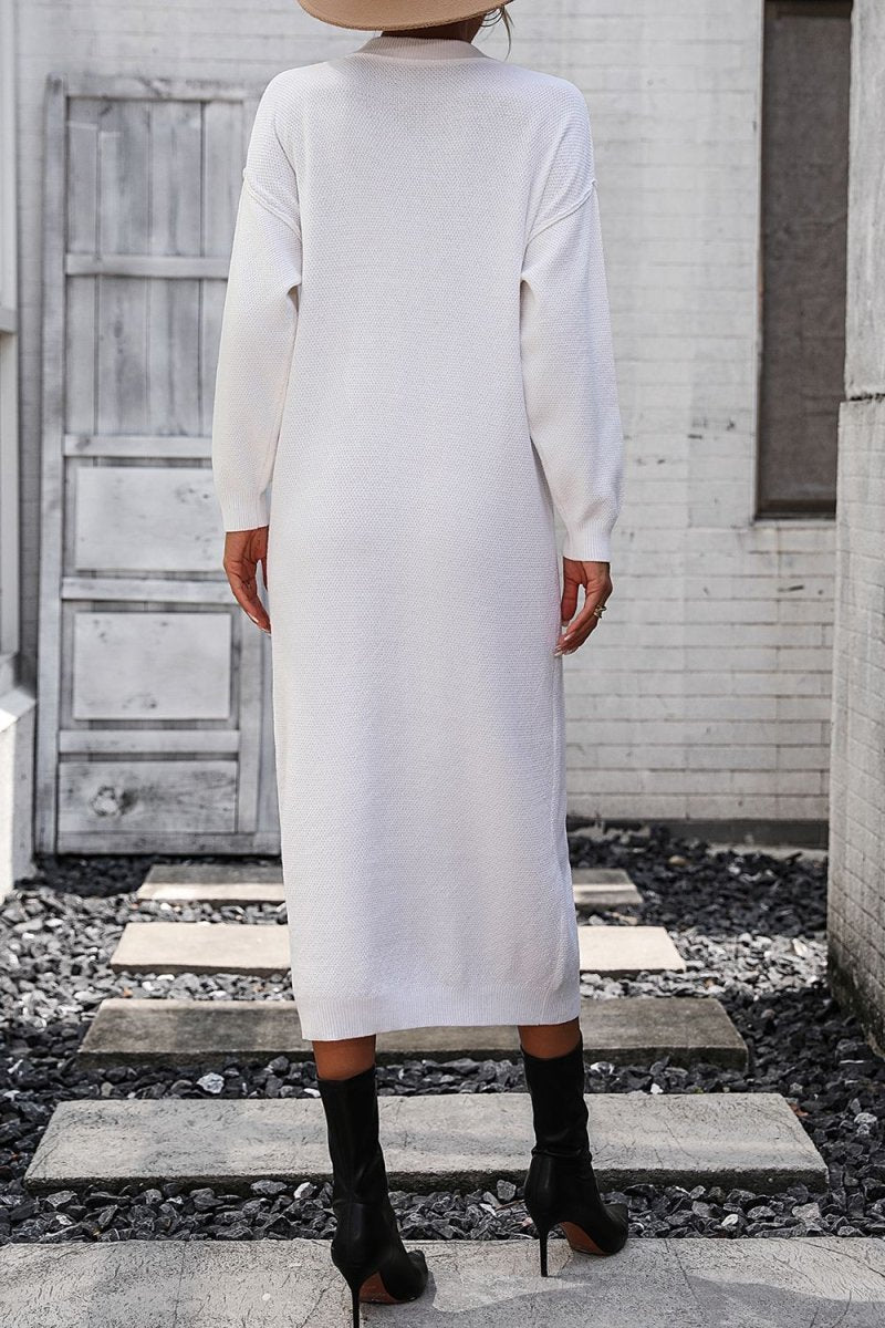 Notched Neck Dropped Shoulder Button - Down Midi Dress - Sweater Dress