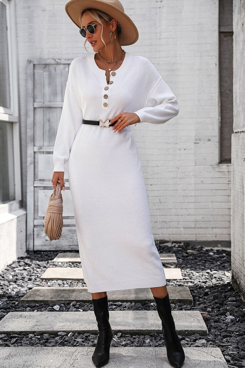 Notched Neck Dropped Shoulder Button - Down Midi Dress - Sweater Dress
