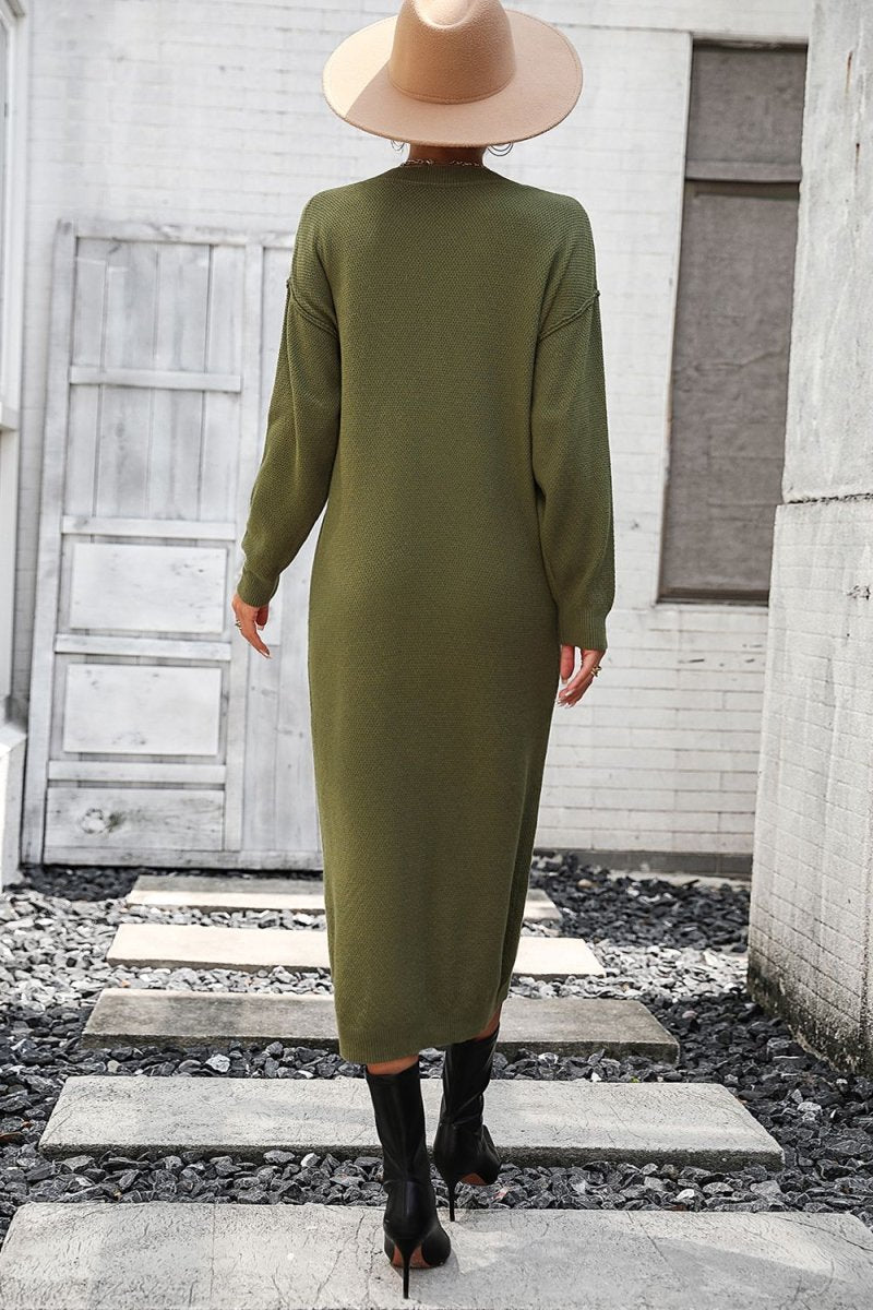 Notched Neck Dropped Shoulder Button - Down Midi Dress - Sweater Dress
