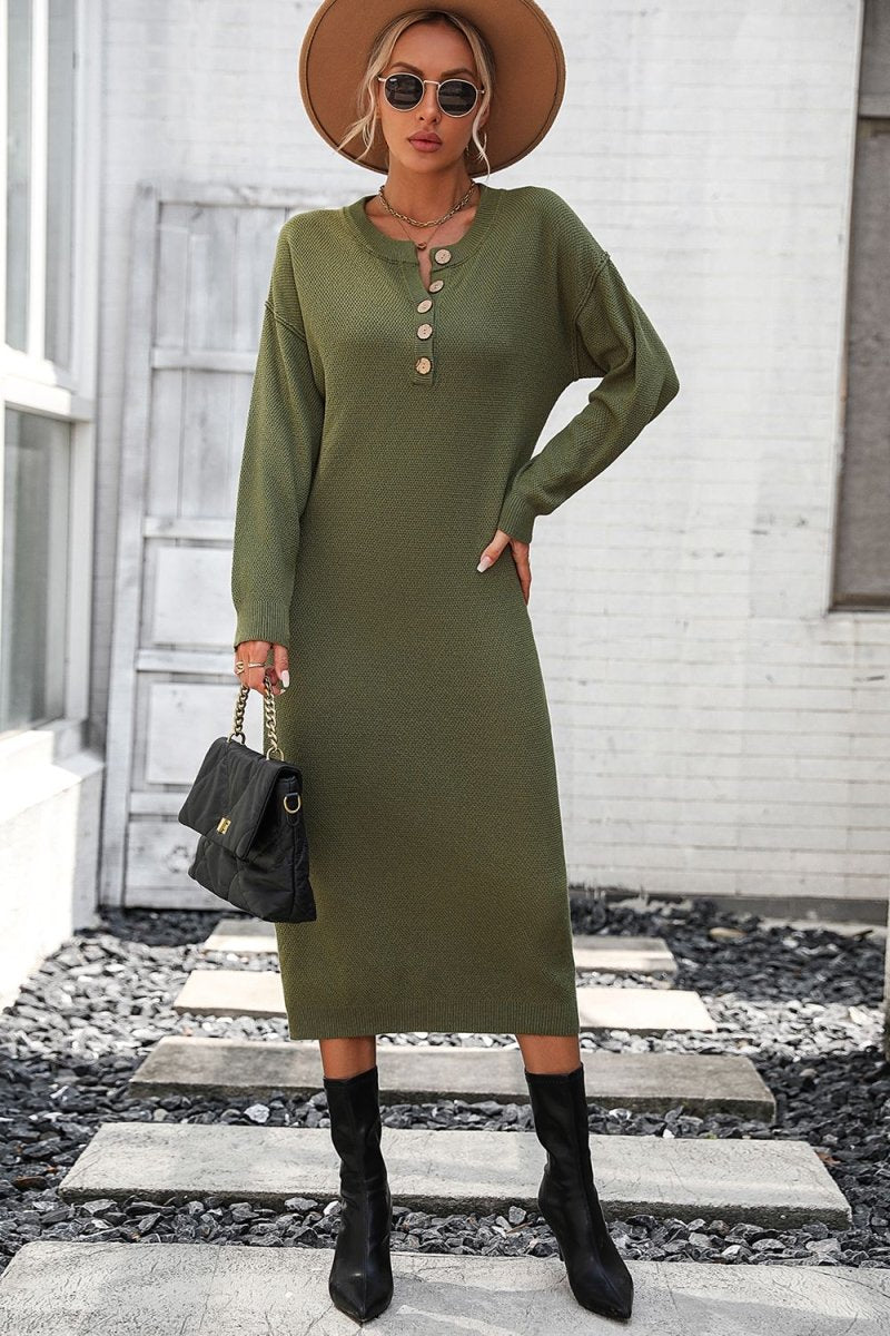 Notched Neck Dropped Shoulder Button - Down Midi Dress - Sweater Dress