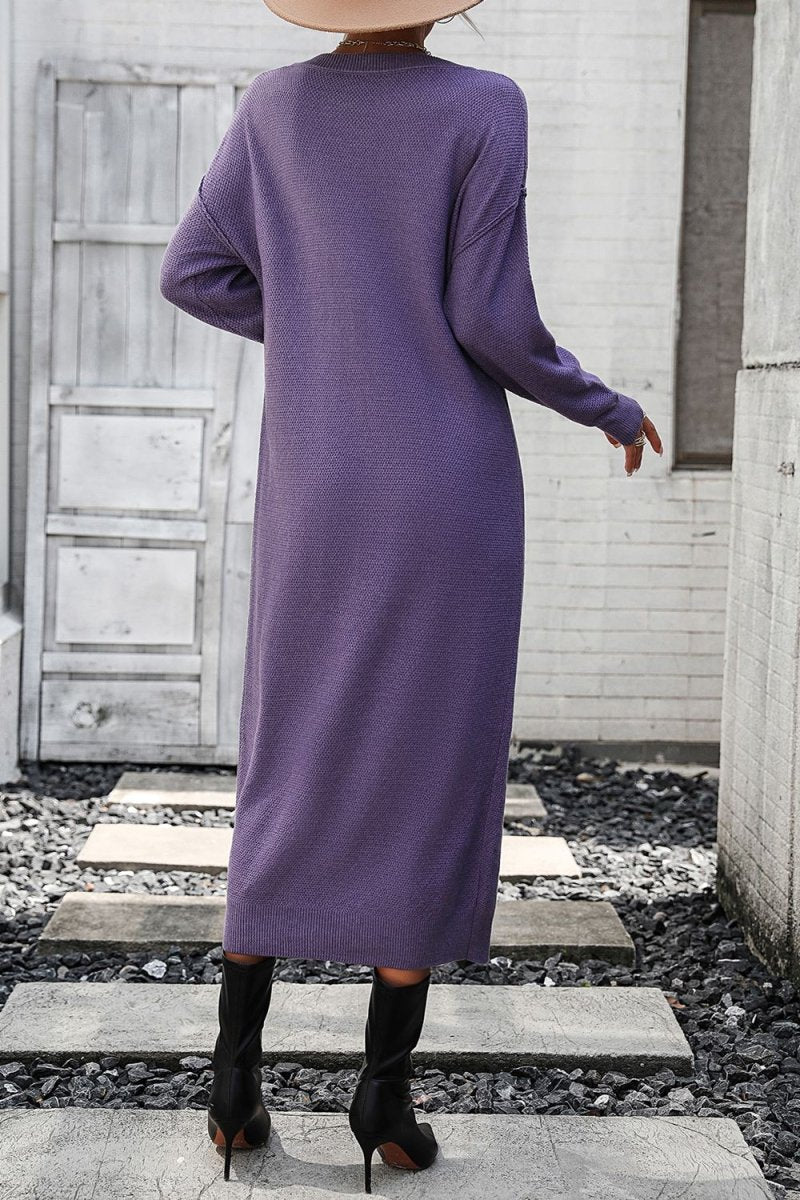 Notched Neck Dropped Shoulder Button - Down Midi Dress - Sweater Dress