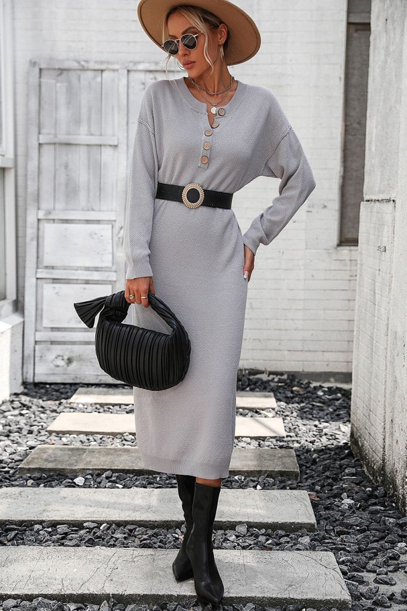 Notched Neck Dropped Shoulder Button - Down Midi Dress - Sweater Dress