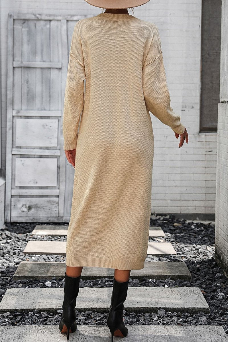 Notched Neck Dropped Shoulder Button - Down Midi Dress - Sweater Dress