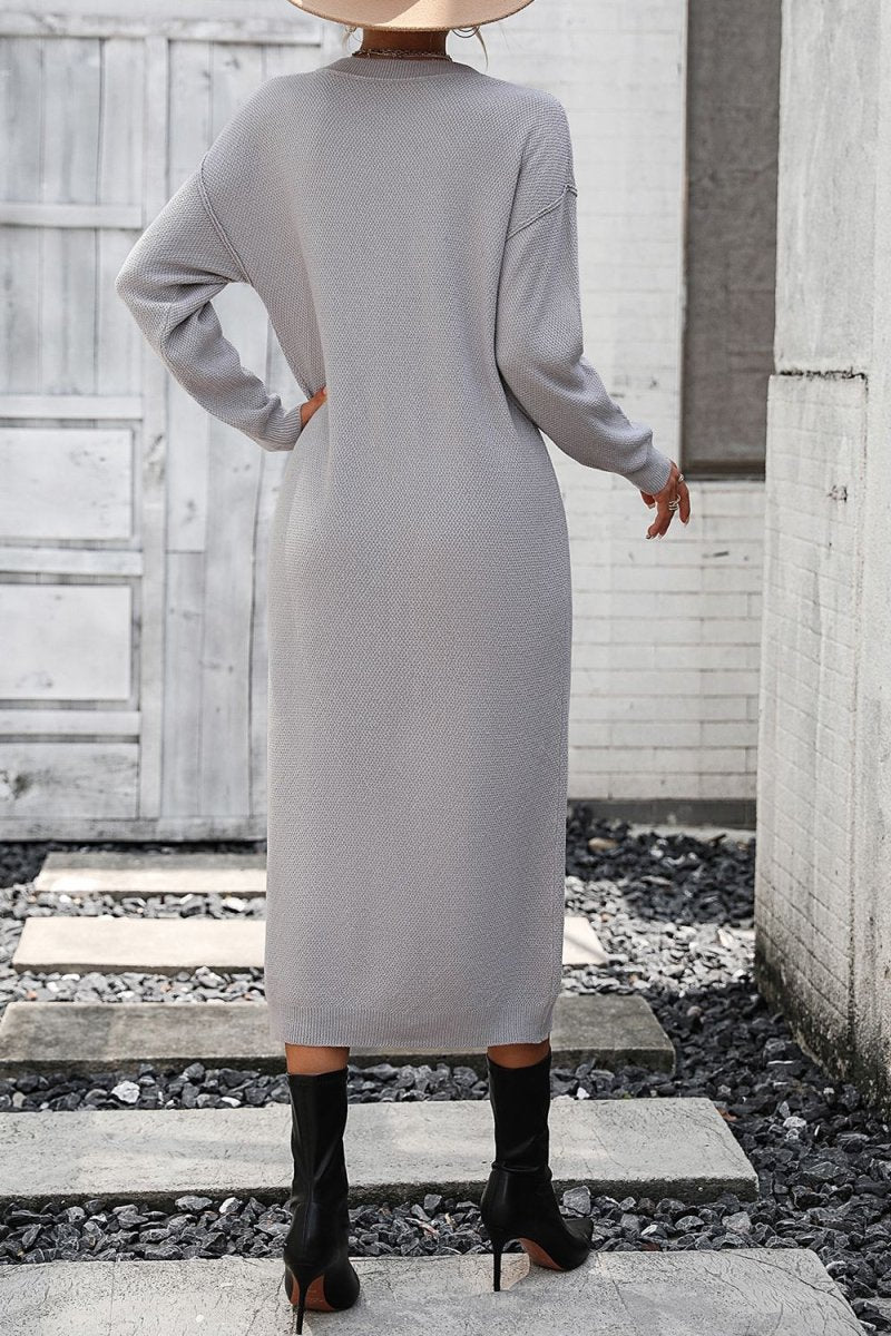 Notched Neck Dropped Shoulder Button - Down Midi Dress - Sweater Dress
