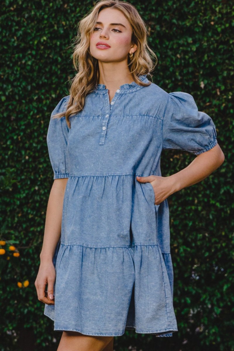 ODDI Washed Tiered Mini Denim Dress - Denim Dress