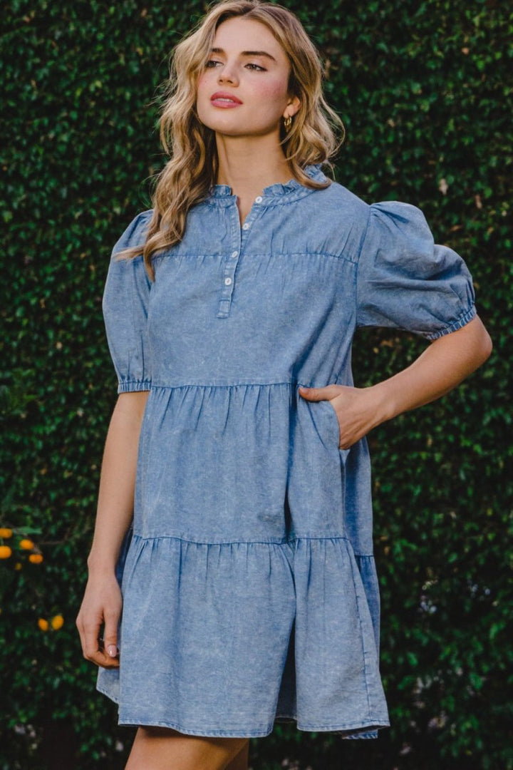 ODDI Washed Tiered Mini Denim Dress - Denim Dress