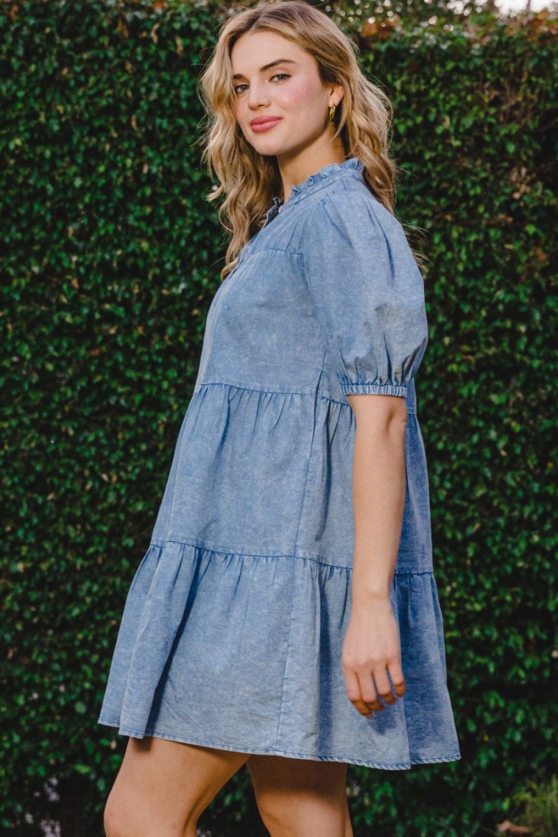 ODDI Washed Tiered Mini Denim Dress - Denim Dress