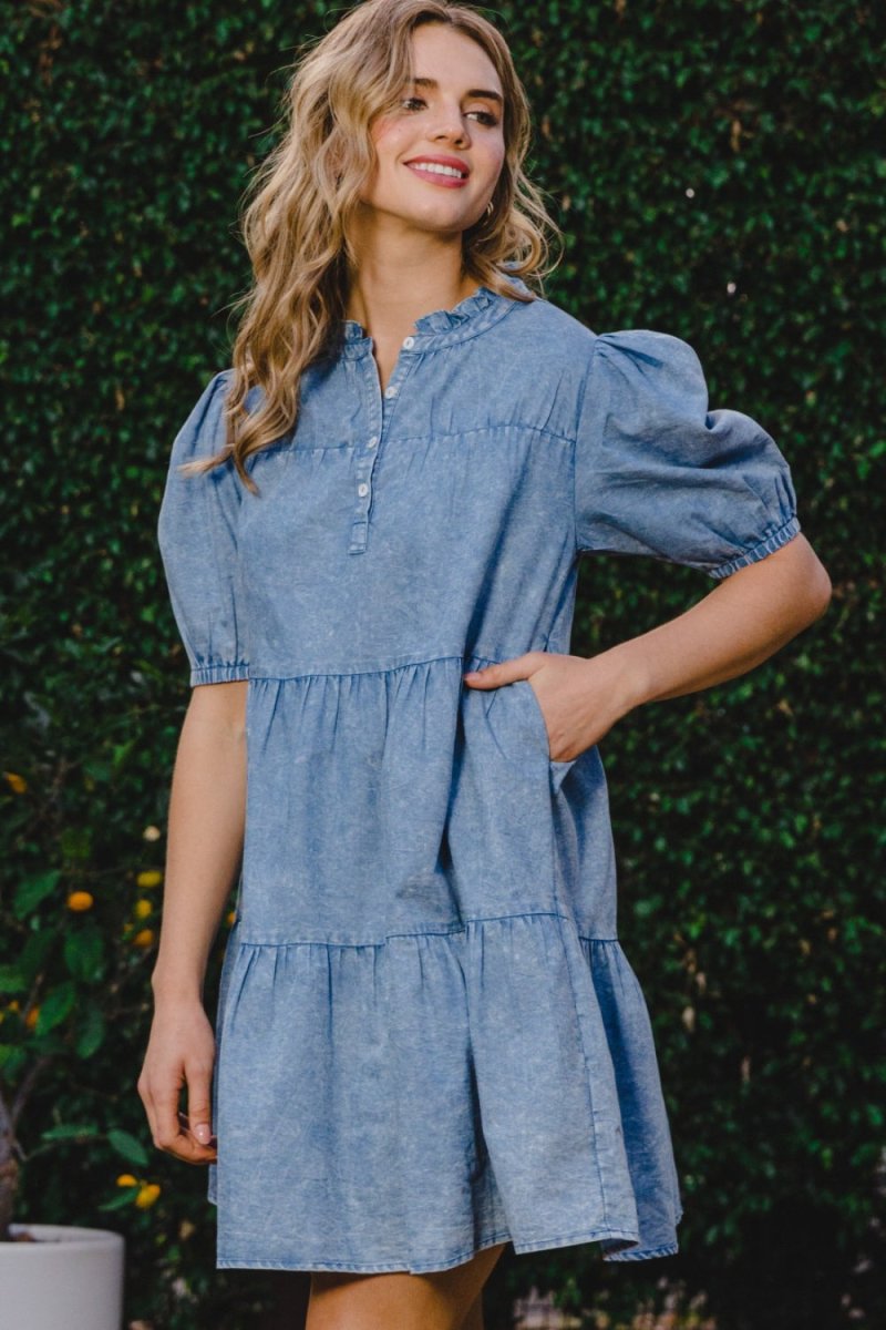 ODDI Washed Tiered Mini Denim Dress - Denim Dress