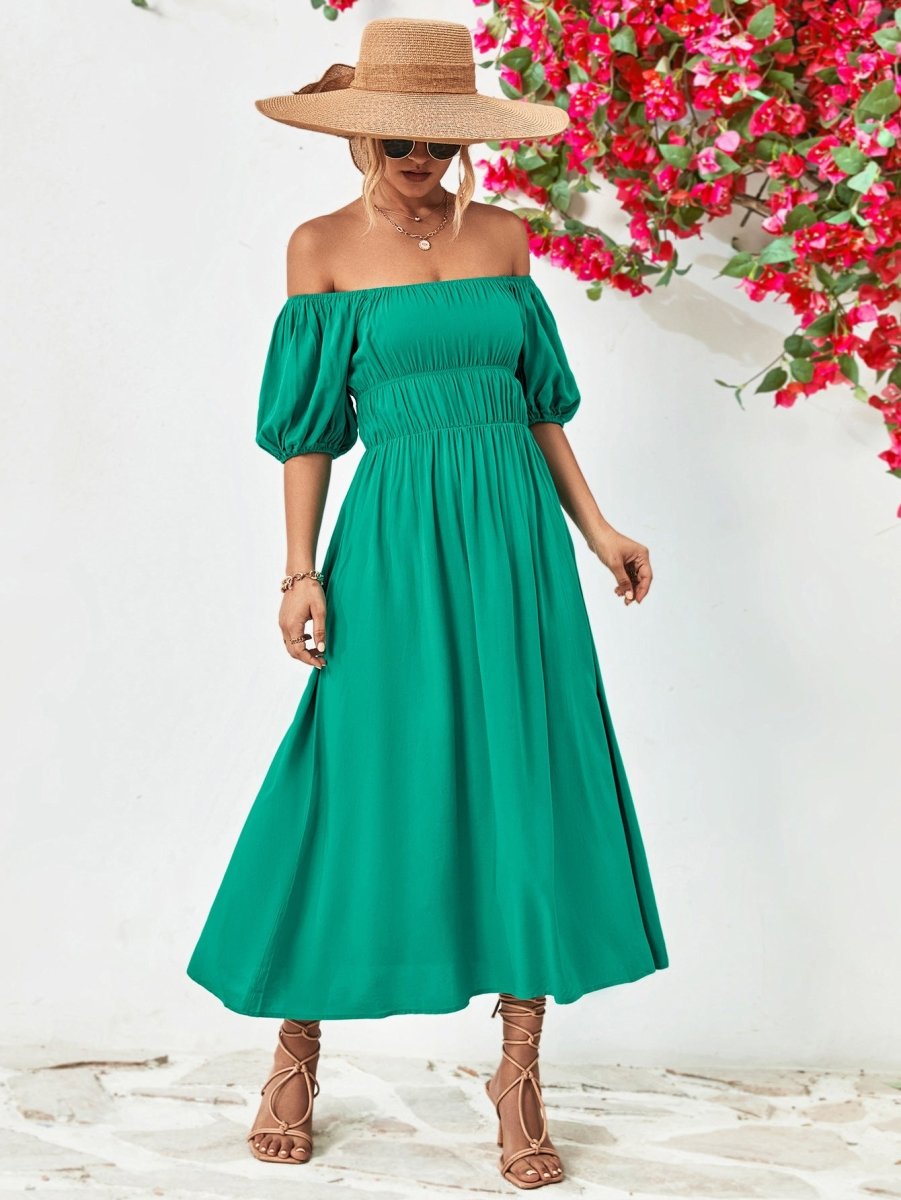 Off - Shoulder Balloon Sleeve Midi Dress - Casual Dress