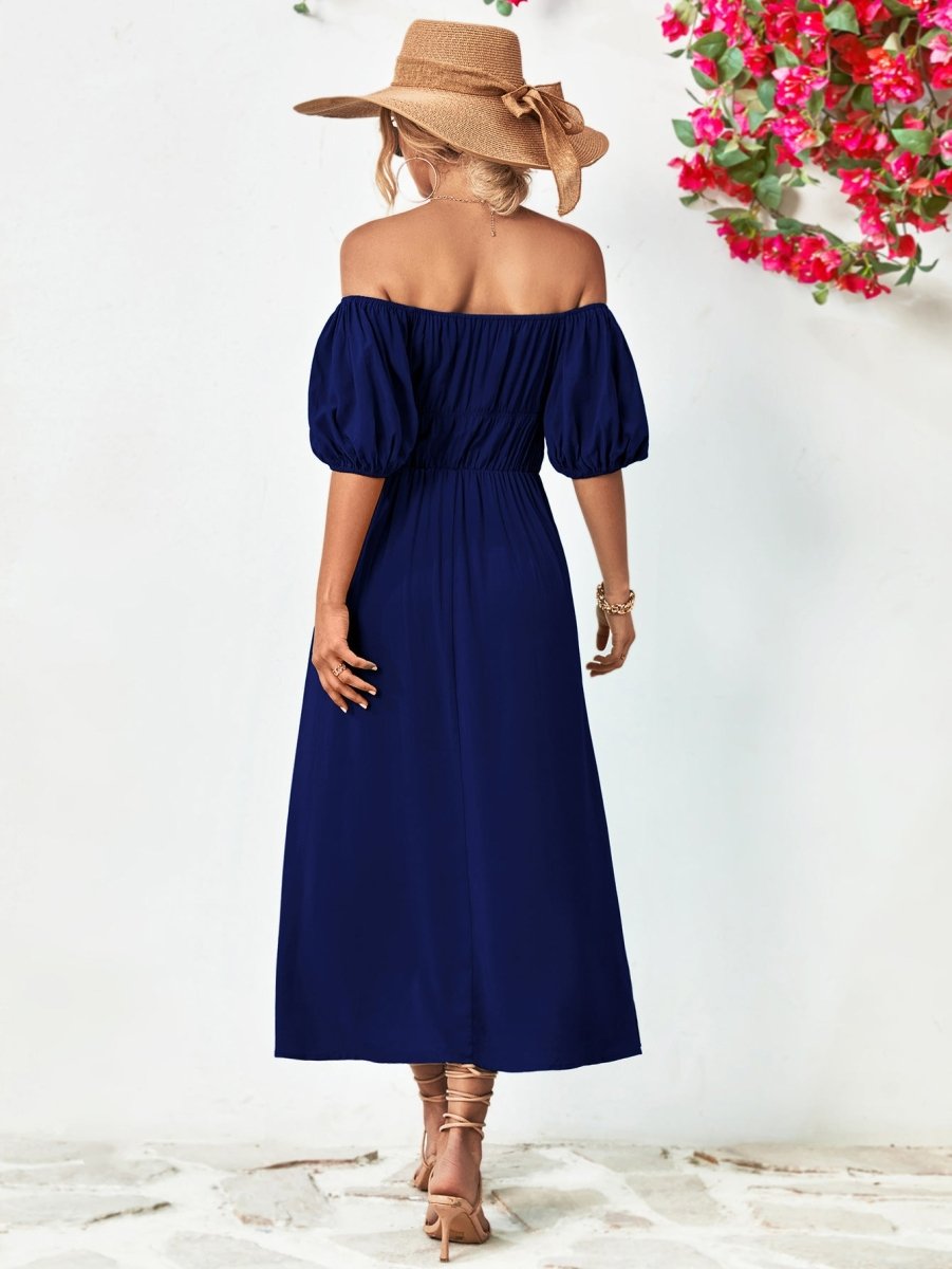 Off - Shoulder Balloon Sleeve Midi Dress - Casual Dress