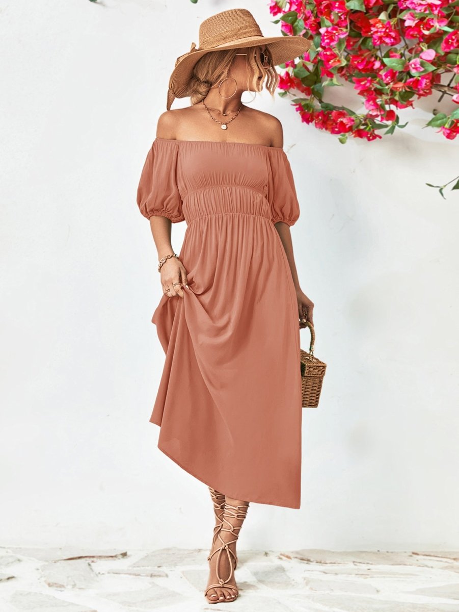 Off - Shoulder Balloon Sleeve Midi Dress - Casual Dress