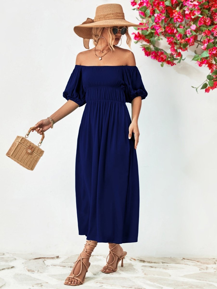 Off - Shoulder Balloon Sleeve Midi Dress - Casual Dress