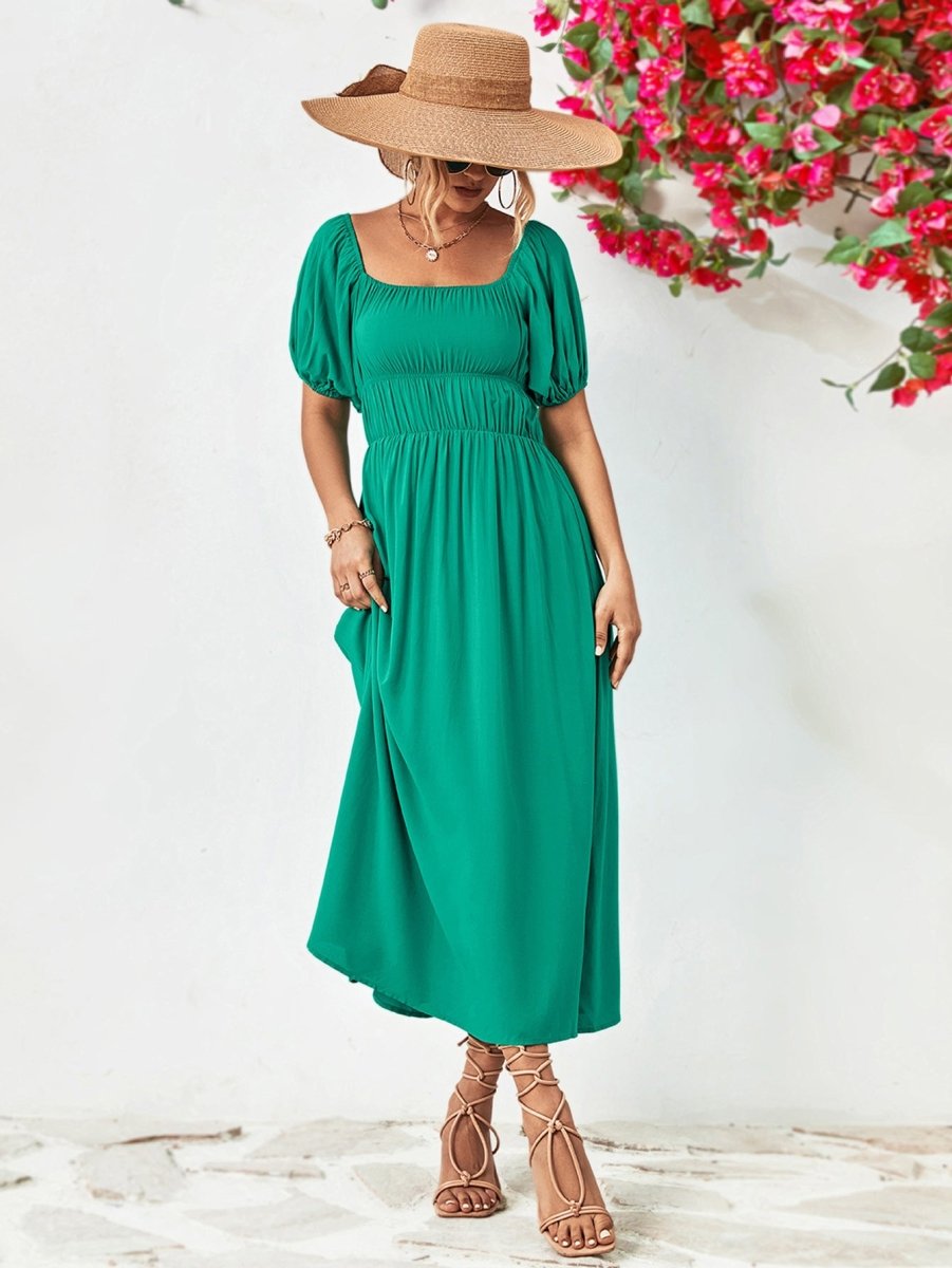 Off - Shoulder Balloon Sleeve Midi Dress - Casual Dress