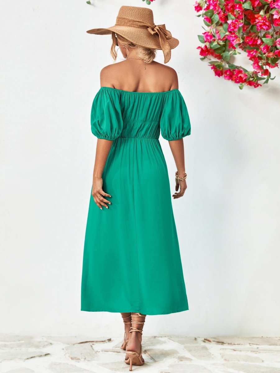 Off - Shoulder Balloon Sleeve Midi Dress - Casual Dress