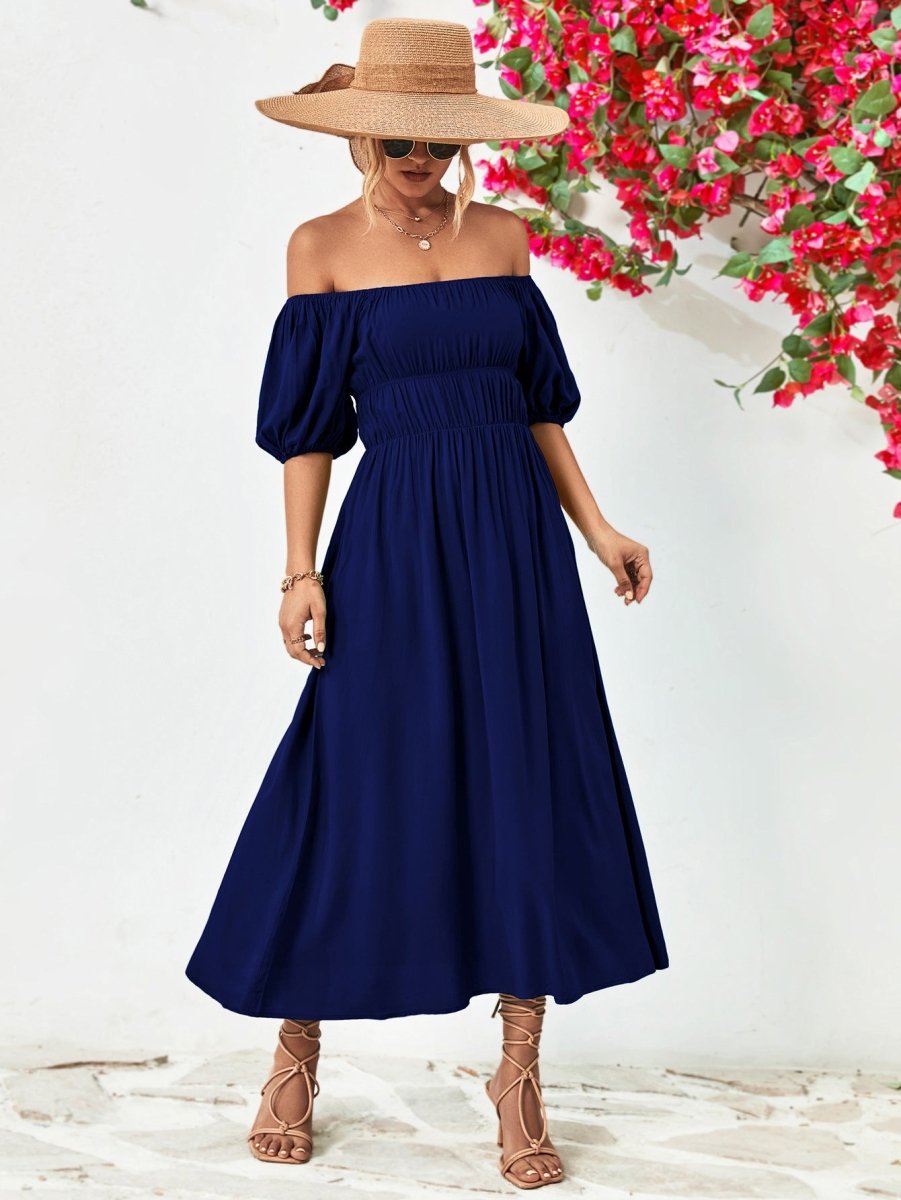 Off - Shoulder Balloon Sleeve Midi Dress - Casual Dress