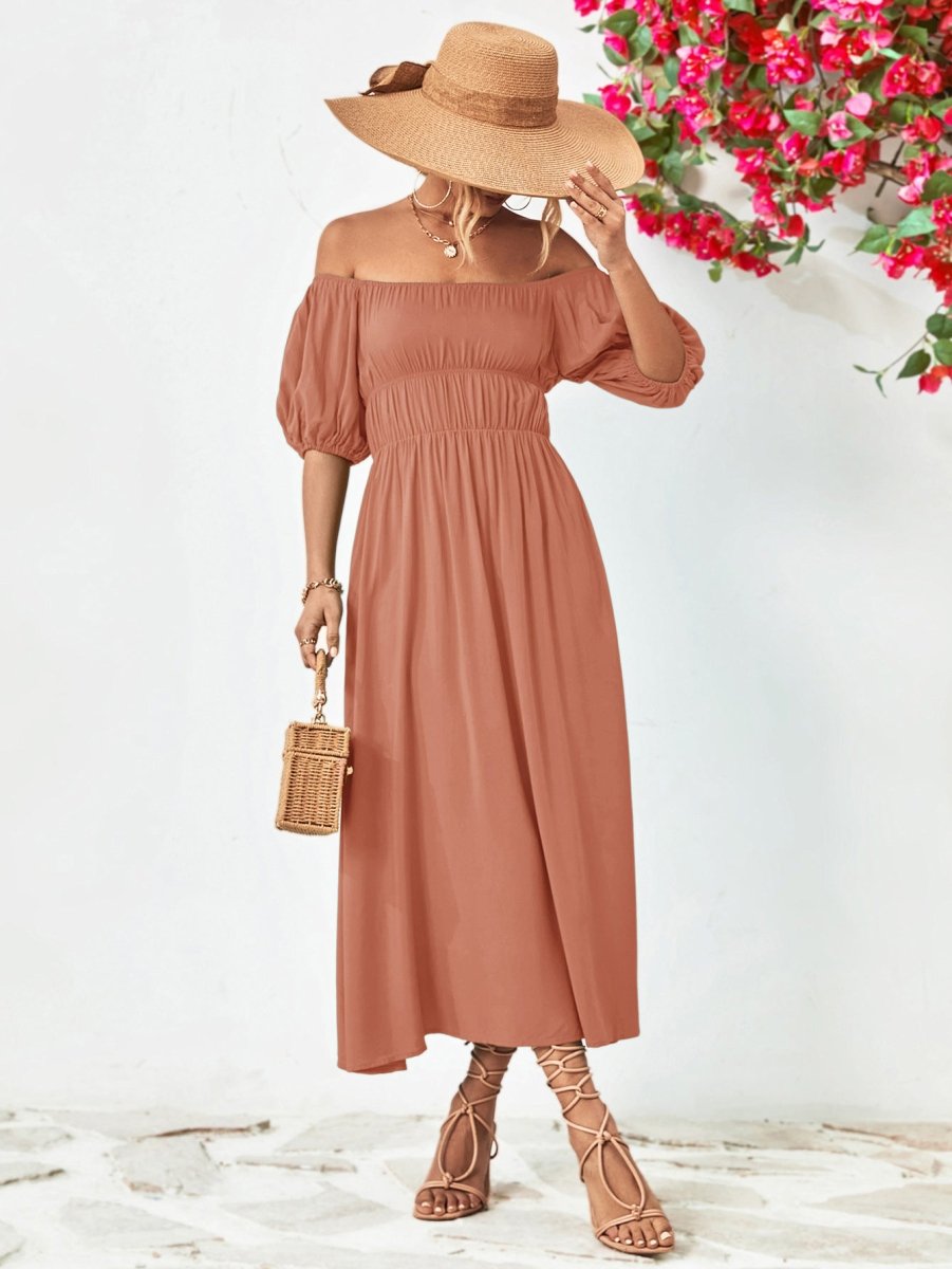 Off - Shoulder Balloon Sleeve Midi Dress - Casual Dress