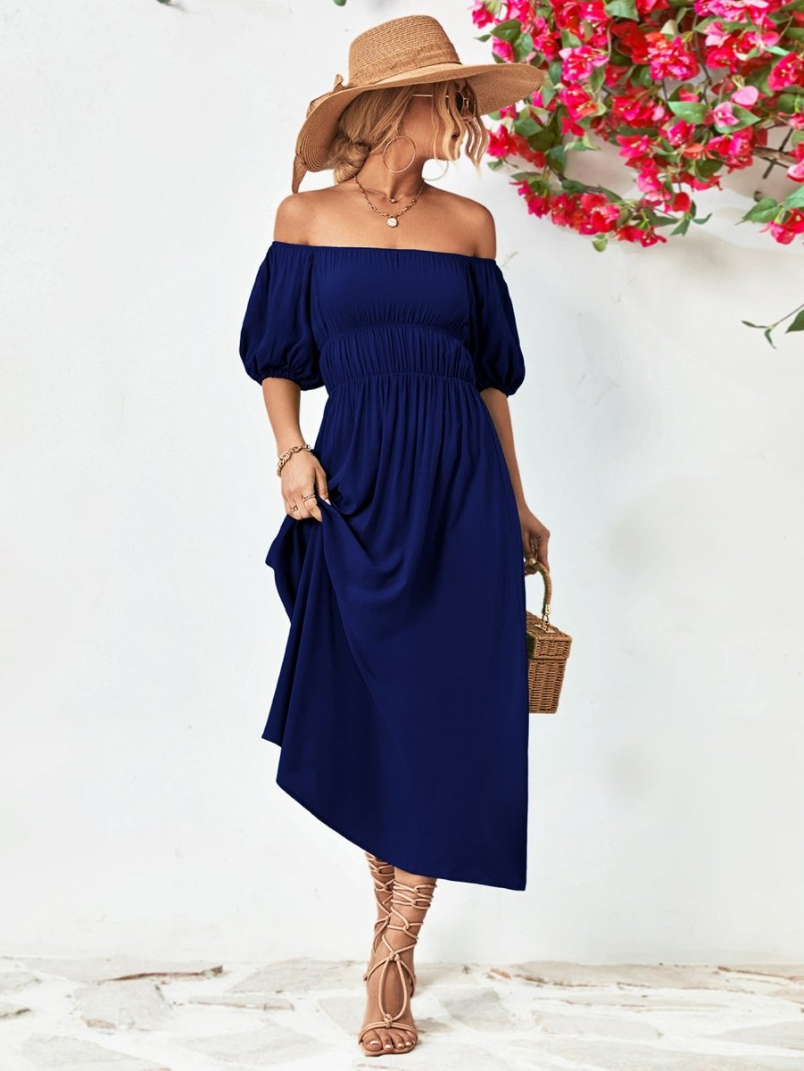 Off - Shoulder Balloon Sleeve Midi Dress - Casual Dress