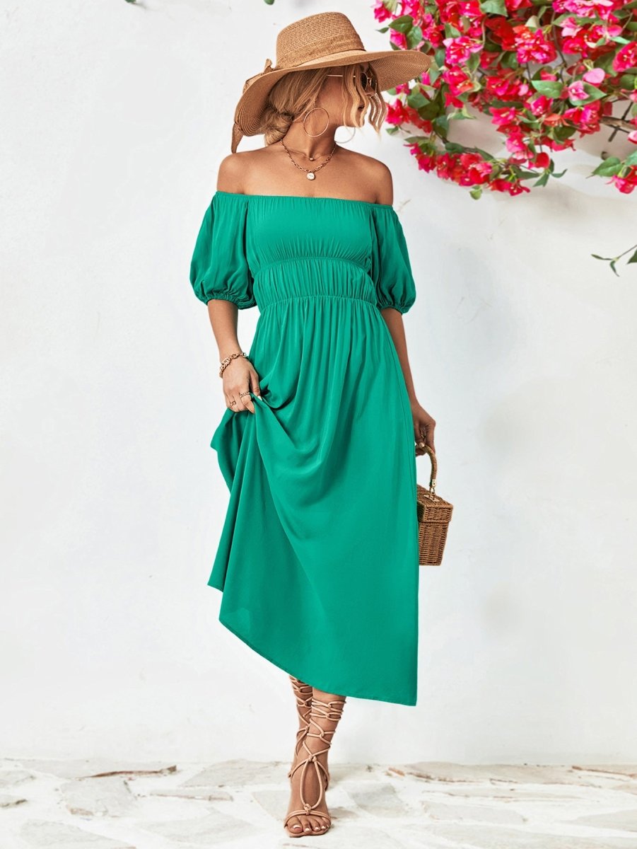 Off - Shoulder Balloon Sleeve Midi Dress - Casual Dress