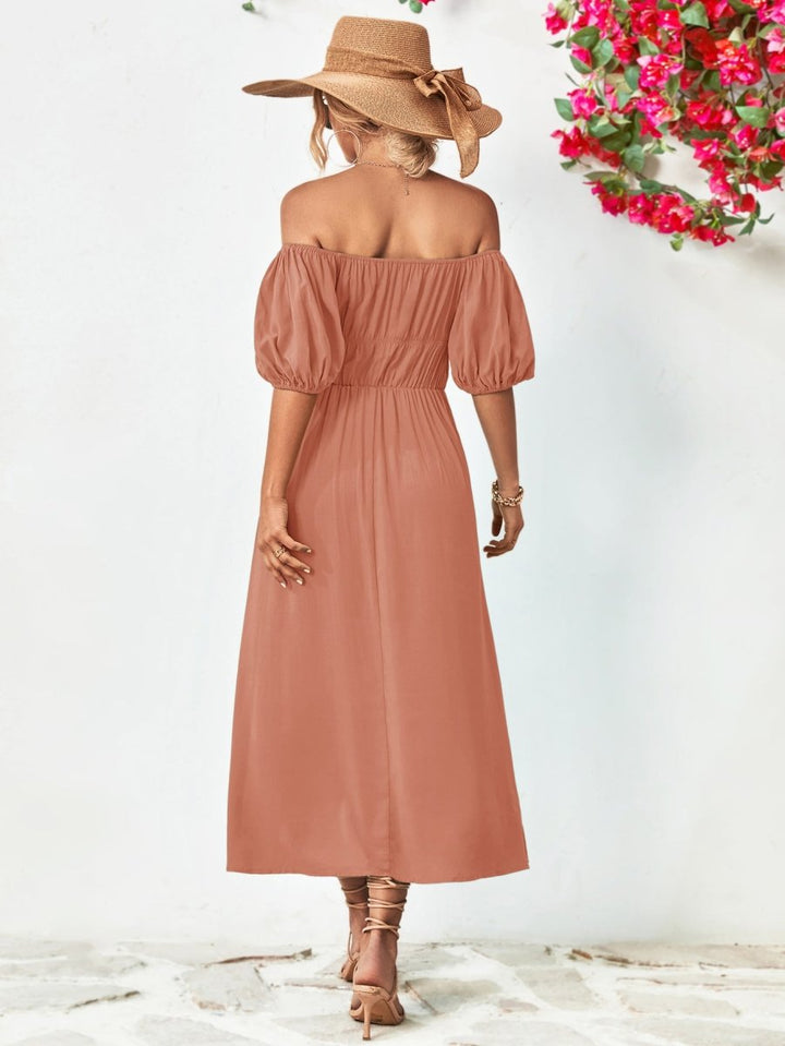 Off - Shoulder Balloon Sleeve Midi Dress - Casual Dress