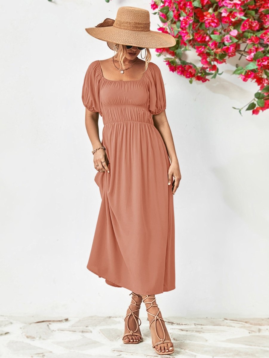Off - Shoulder Balloon Sleeve Midi Dress - Casual Dress