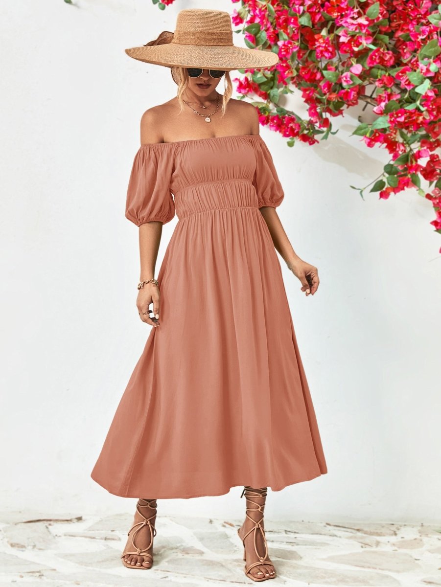 Off - Shoulder Balloon Sleeve Midi Dress - Casual Dress