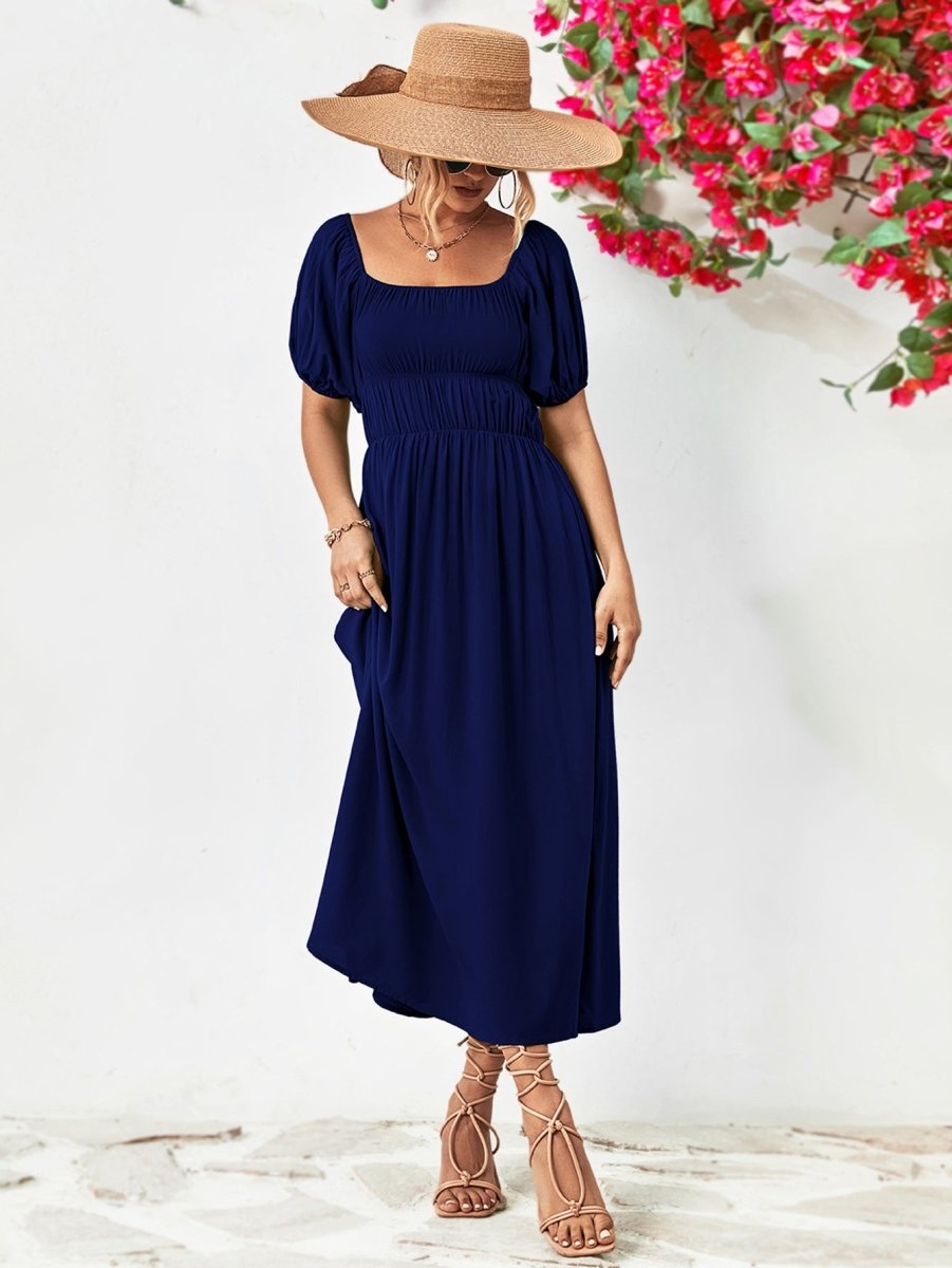 Off - Shoulder Balloon Sleeve Midi Dress - Casual Dress
