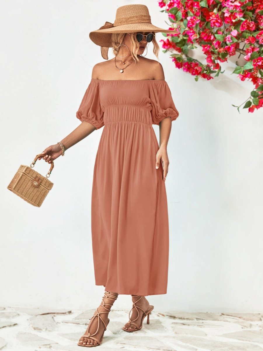 Off - Shoulder Balloon Sleeve Midi Dress - Casual Dress