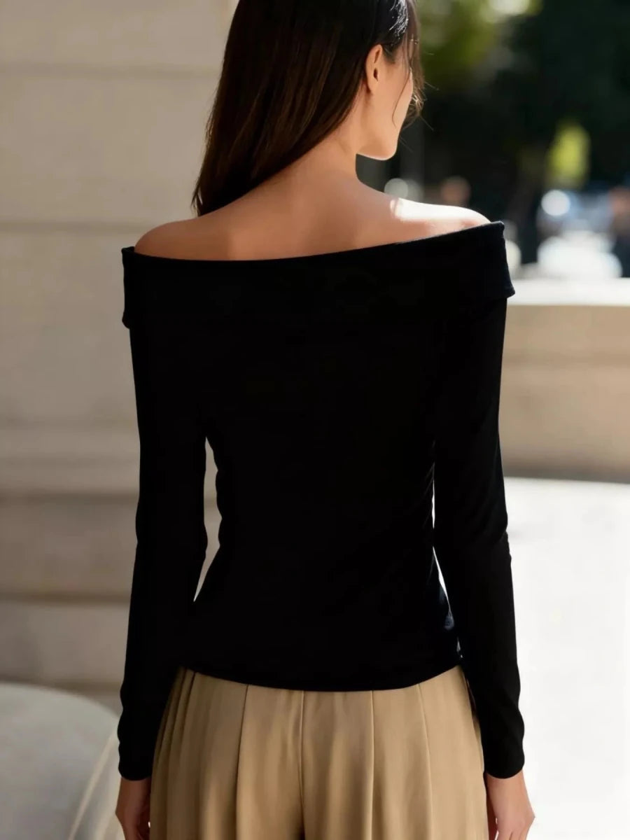 Off - Shoulder Blouse with Button Detail - 