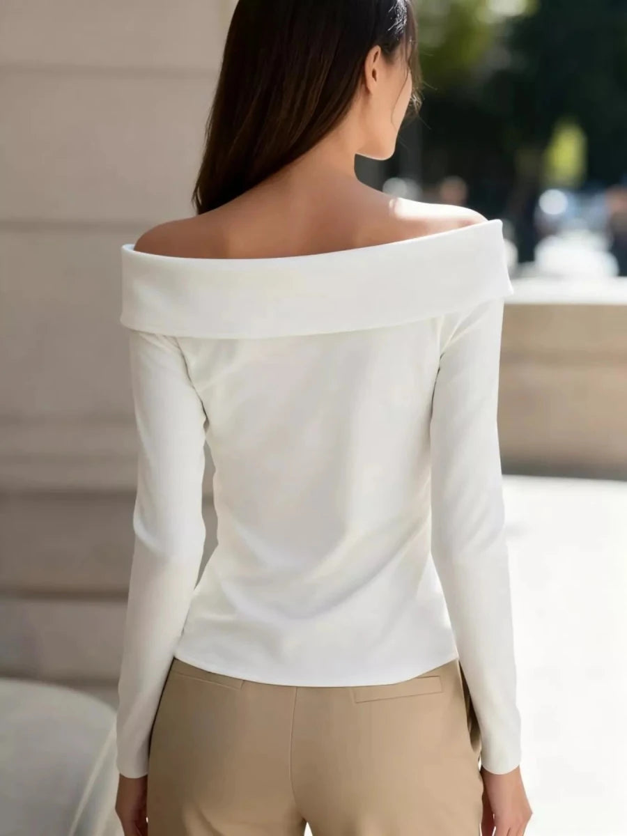 Off - Shoulder Blouse with Button Detail - 