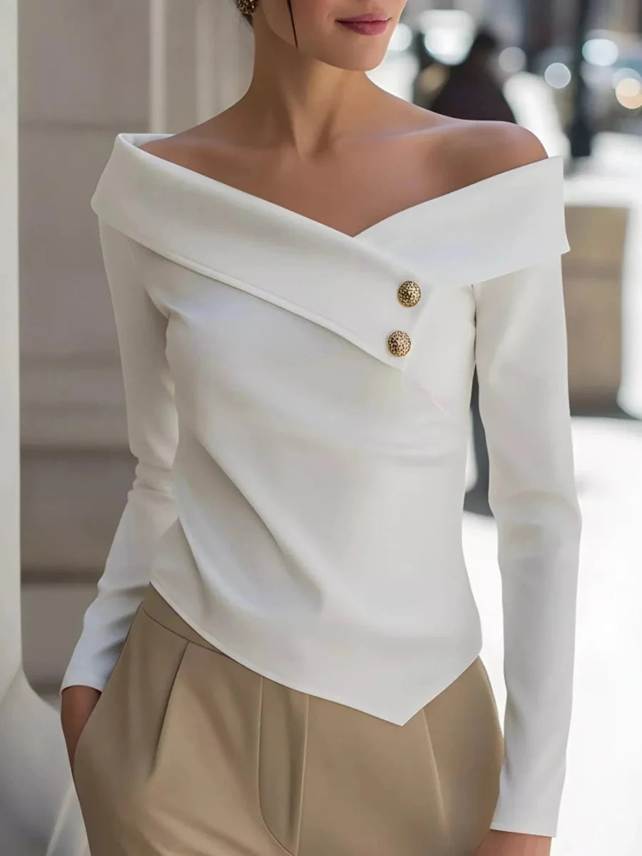 Off - Shoulder Blouse with Button Detail - 