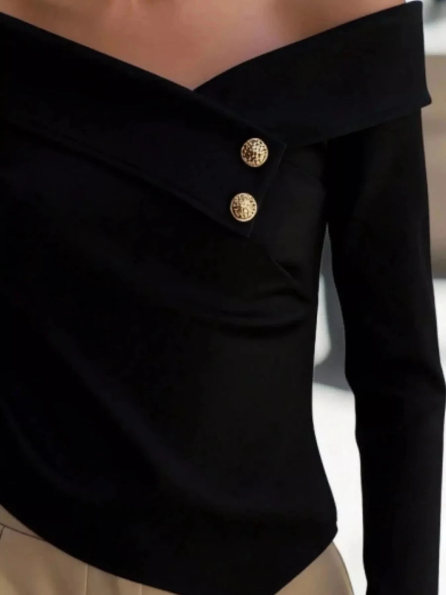 Off - Shoulder Blouse with Button Detail - 